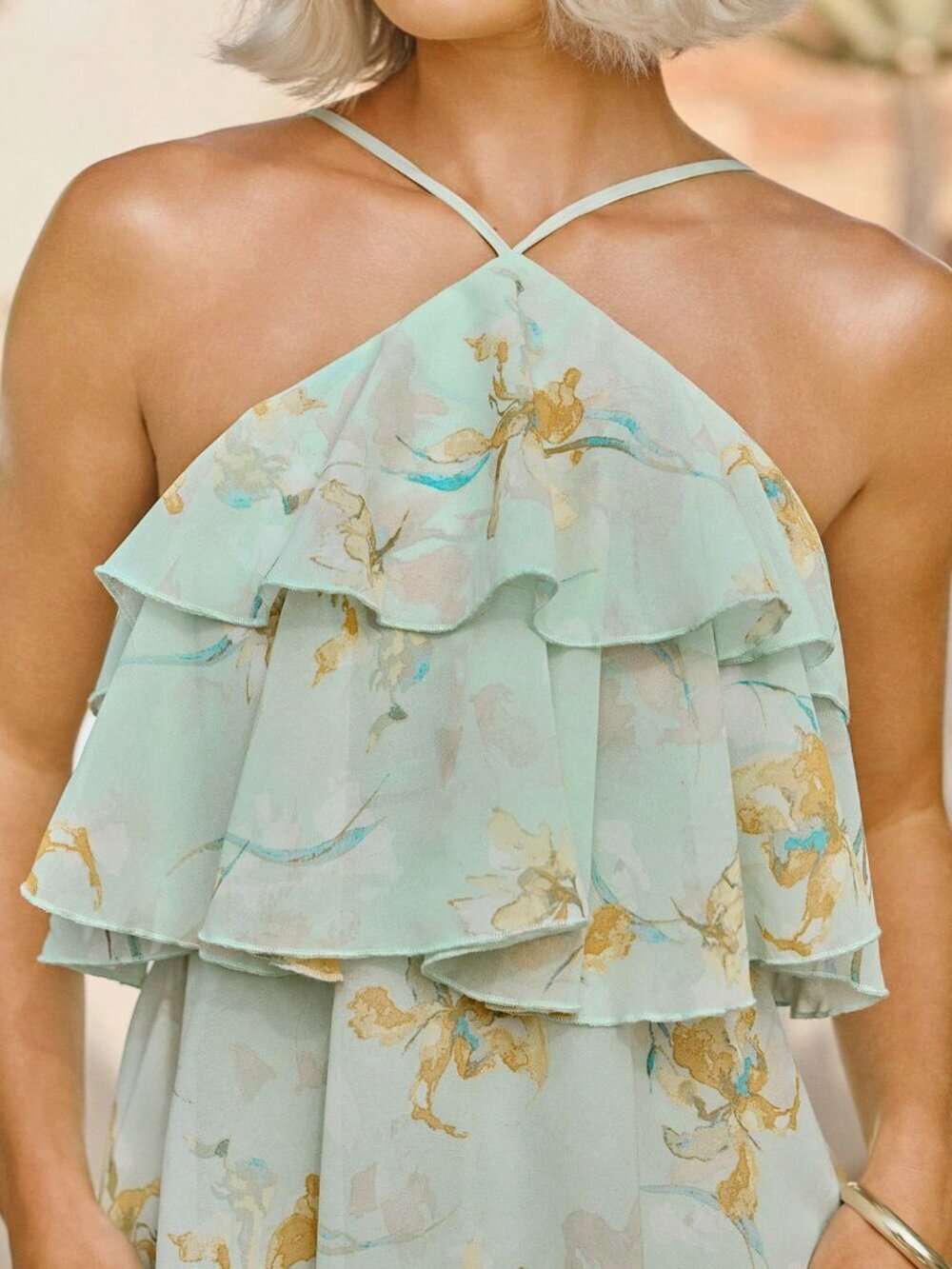 Green Boho Women's Halter Neck Ruffle Floral Chiffon Backless Dress - Picture 6 of 8